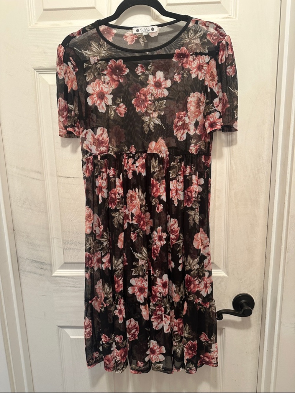 Wilde Black Floral Mesh Midi Dress with Pink Bloom Print